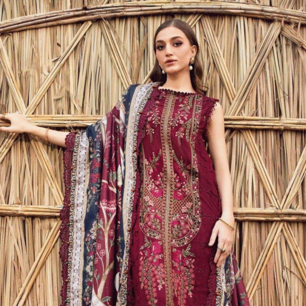 Ladies 3PC Unstitched Suit – Floral Print with Embroidered Neckline (3)
