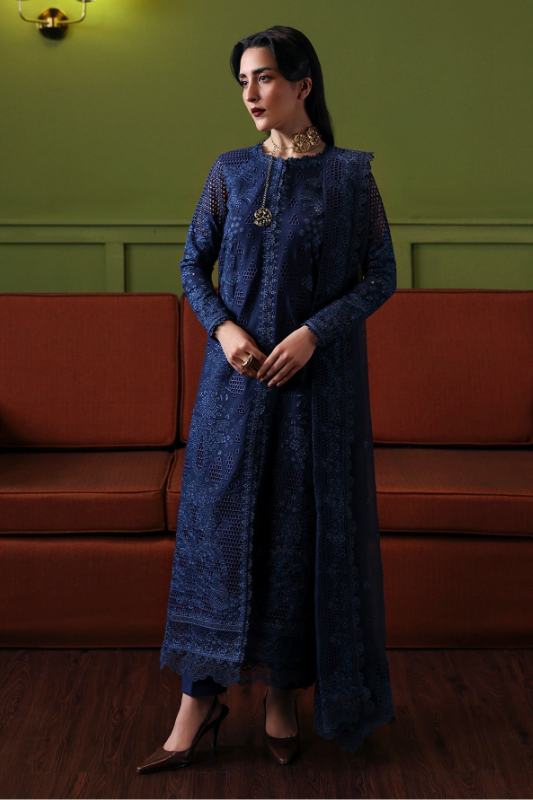 INDIGO BLUE-4 PIECE EMBROIDERED CHIFFON SUIT